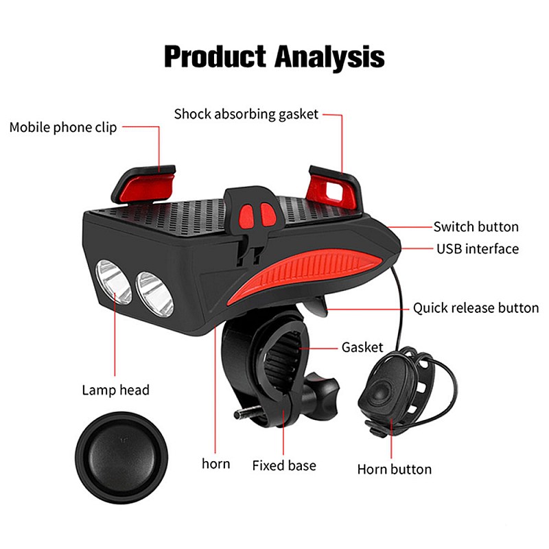 Фар за велосипед 4 в 1 с поставка за телефон